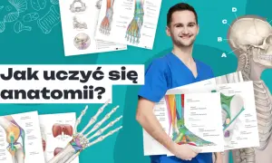 Uśmiechnięty student medycyny prezentuje materiały edukacyjne, pokazując jak się uczyć anatomii. Widoczne są ilustracje kości, mięśni i stawów.