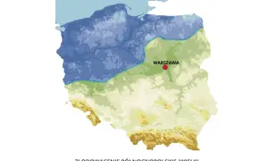 Mapa Polski z zaznaczonym zasięgiem ostatniego zlodowacenia. Lodowiec Wisły sięgał po Warszawę.