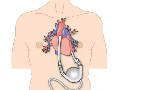 Schemat przedstawia serce z wszczepioną pompą wspomagającą krążenie, ilustrując cykl hemodynamiczny serca.