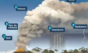 Schemat wyjaśniający pożary w Australii: dym, chmura, burza, downburst i błyskawice.