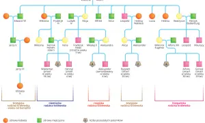 Drzewo genealogiczne przedstawiające krzyżówki genetyczne cechy sprzężone z płcią, z zaznaczonymi nosicielkami i chorymi na hemofilię.