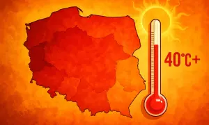 Mapa Polski w odcieniach czerwieni, obok termometr wskazujący 40°C+. Czy to odpowiedź na pytanie, jaka była najwyższa temperatura w Polsce?