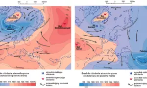 Dwie mapy Europy z izobarami. Na lewej Niż Islandzki i Wyż Azorski, na prawej Niż Południowoazjatycki. Im wyżej tym ciśnienie.