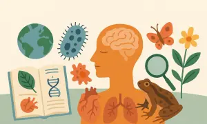 Ilustracja przedstawia elementy biologii: Ziemię, bakterie, ludzki mózg, serce, płuca, żabę, motyla, kwiat, lupę i otwartą książkę z liściem i DNA. Czy biologia to przedmiot ścisły?