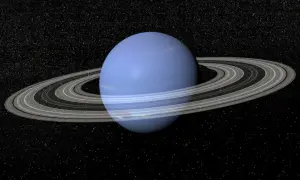 Błękitny Neptun z pierścieniami na tle gwiezdnego nieba. Zastanawiasz się, ile trwa rok na Neptunie? To aż 165 ziemskich lat!