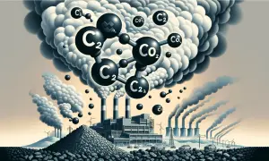 Molekuły CO2 unoszą się nad fabryką spalającą węgiel. Obraz ilustruje, ile CO2 powstaje z tony węgla.
