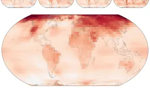 Mapy pokazują ocieplenie od średniowiecznego optimum klimatycznego do współczesności. Ciemniejsze kolory oznaczają większy wzrost temperatury.