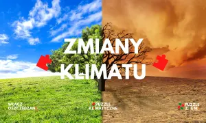 Obraz symbolizuje zmiany klimatyczne na ziemi: bujną zieleń po lewej i pustynię po prawej.