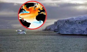 Mapa oceanów z zaznaczonymi anomaliami temperatur, sugerującymi ochłodzenie, jak podczas małej epoki lodowcowej, na tle lodowca i gór.