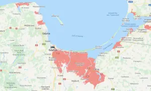 Mapa świata po roztopieniu lodowców: obszary przybrzeżne Polski i Obwodu Kaliningradzkiego zalane wodą.