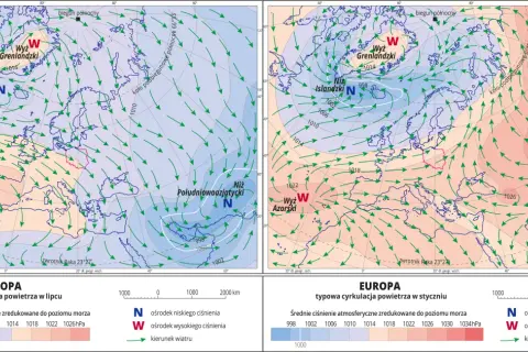 Mapy pokazują typową cyrkulację powietrza nad Europą w lipcu i styczniu, ilustrując, ile jest stref klimatycznych i jak wpływają na wiatr.