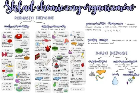 Schemat przedstawia budowę chemiczną organizmów, dzieląc pierwiastki na mikro- i makroelementy, a związki na organiczne i nieorganiczne.