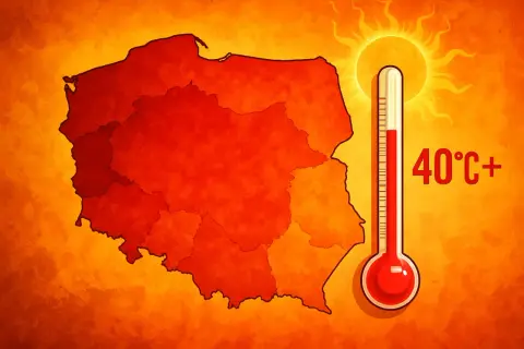 Mapa Polski w odcieniach czerwieni, obok termometr wskazujący 40°C+. Czy to odpowiedź na pytanie, jaka była najwyższa temperatura w Polsce?