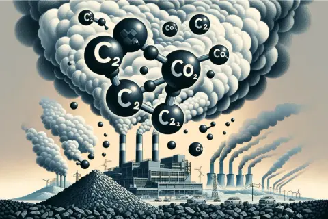 Molekuły CO2 unoszą się nad fabryką spalającą węgiel. Obraz ilustruje, ile CO2 powstaje z tony węgla.