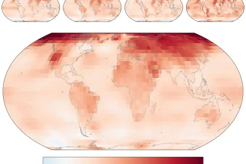 Mapy pokazują ocieplenie od średniowiecznego optimum klimatycznego do współczesności. Ciemniejsze kolory oznaczają większy wzrost temperatury.