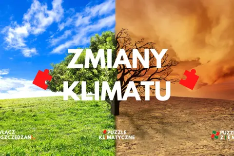 Obraz symbolizuje zmiany klimatyczne na ziemi: bujną zieleń po lewej i pustynię po prawej.