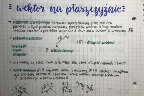 Notatki o wektorach na płaszczyźnie: definicja, własności (kierunek, zwrot, długość), wektor zerowy, równość wektorów i ich suma.
