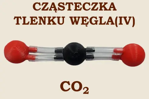 Model cząsteczki CO2. Czarny atom węgla połączony z dwoma czerwonymi atomami tlenu. Pokazuje, co2 jakie to wiązanie.