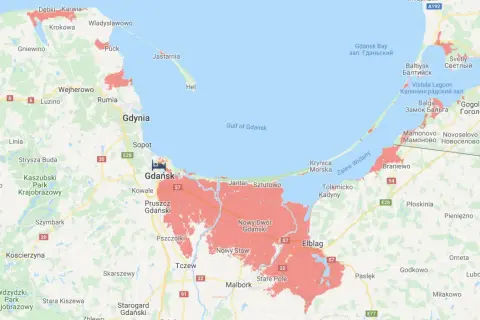 Mapa świata po roztopieniu lodowców: obszary przybrzeżne Polski i Obwodu Kaliningradzkiego zalane wodą.