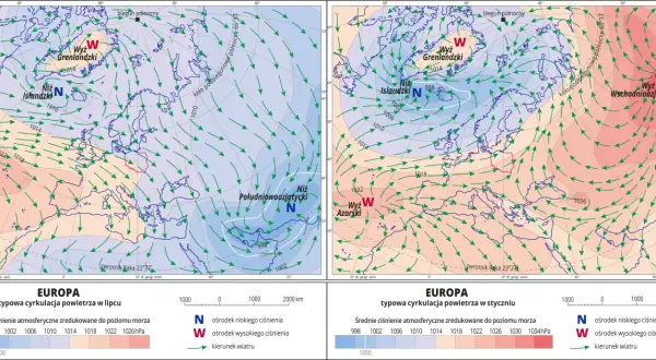 Mapy pokazują typową cyrkulację powietrza nad Europą w lipcu i styczniu, ilustrując, ile jest stref klimatycznych i jak wpływają na wiatr.