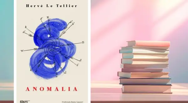 Okładka książki "Anomalia" Hervé Le Telliera z niebieskim, spiralnym wzorem i stosem książek na różowym tle. Co to jest anomalia?