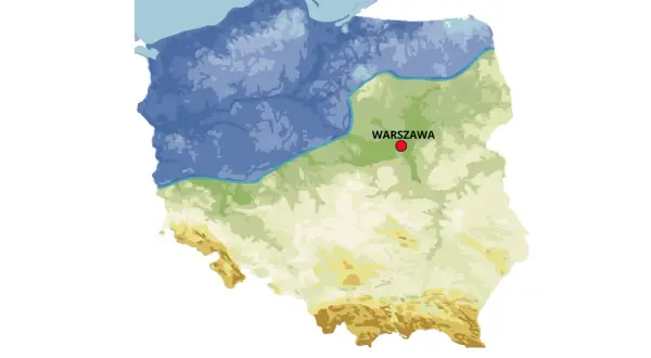 Mapa Polski z zaznaczonym zasięgiem ostatniego zlodowacenia. Lodowiec Wisły sięgał po Warszawę.