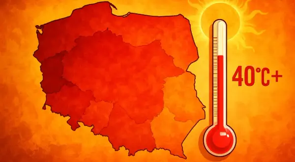 Mapa Polski w odcieniach czerwieni, obok termometr wskazujący 40°C+. Czy to odpowiedź na pytanie, jaka była najwyższa temperatura w Polsce?