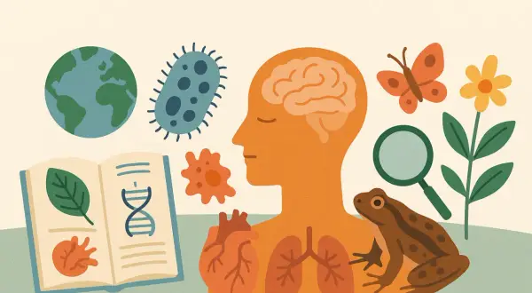 Ilustracja przedstawia elementy biologii: Ziemię, bakterie, ludzki mózg, serce, płuca, żabę, motyla, kwiat, lupę i otwartą książkę z liściem i DNA. Czy biologia to przedmiot ścisły?