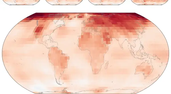 Mapy pokazują ocieplenie od średniowiecznego optimum klimatycznego do współczesności. Ciemniejsze kolory oznaczają większy wzrost temperatury.