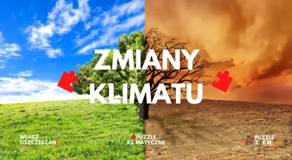 Obraz symbolizuje zmiany klimatyczne na ziemi: bujną zieleń po lewej i pustynię po prawej.