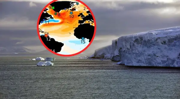 Mapa oceanów z zaznaczonymi anomaliami temperatur, sugerującymi ochłodzenie, jak podczas małej epoki lodowcowej, na tle lodowca i gór.
