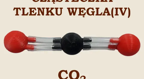 Model cząsteczki CO2. Czarny atom węgla połączony z dwoma czerwonymi atomami tlenu. Pokazuje, co2 jakie to wiązanie.