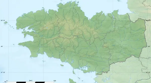 Mapa topograficzna pokazuje, gdzie jest półwysep bretoński, z zaznaczonymi rzekami i ukształtowaniem terenu.
