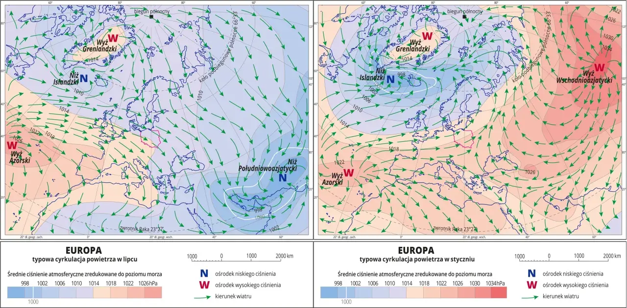 Mapy pokazują typową cyrkulację powietrza nad Europą w lipcu i styczniu, ilustrując, ile jest stref klimatycznych i jak wpływają na wiatr.
