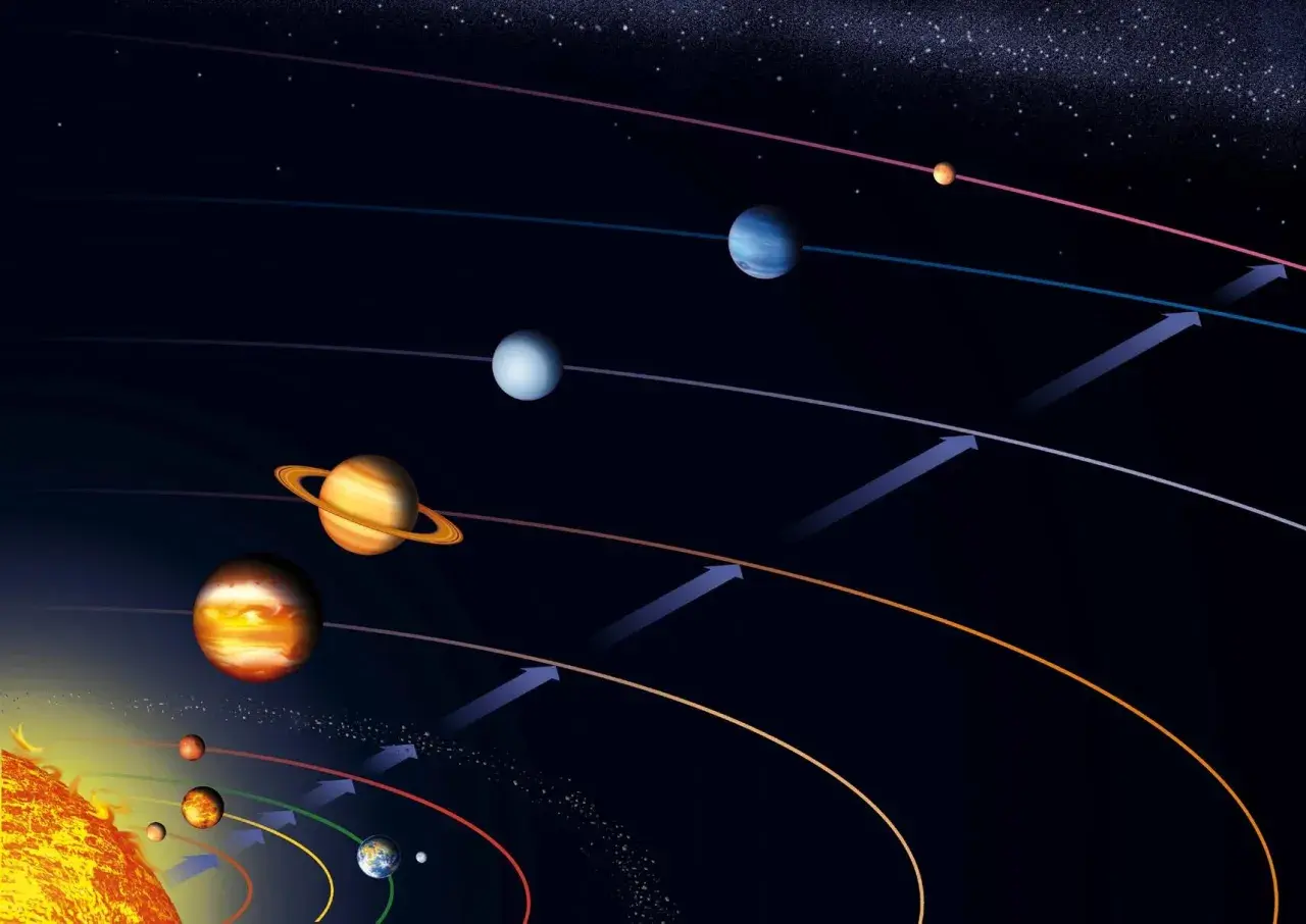 Układ Słoneczny z planetami i ich orbitami. Różne temperatury na planetach zależą od odległości od Słońca.