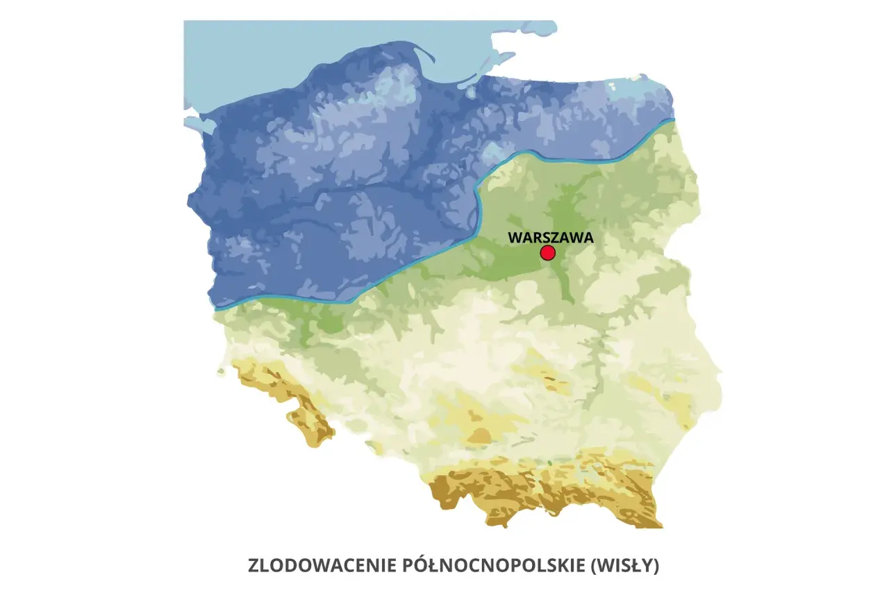 Mapa Polski z zaznaczonym zasięgiem ostatniego zlodowacenia. Lodowiec Wisły sięgał po Warszawę.