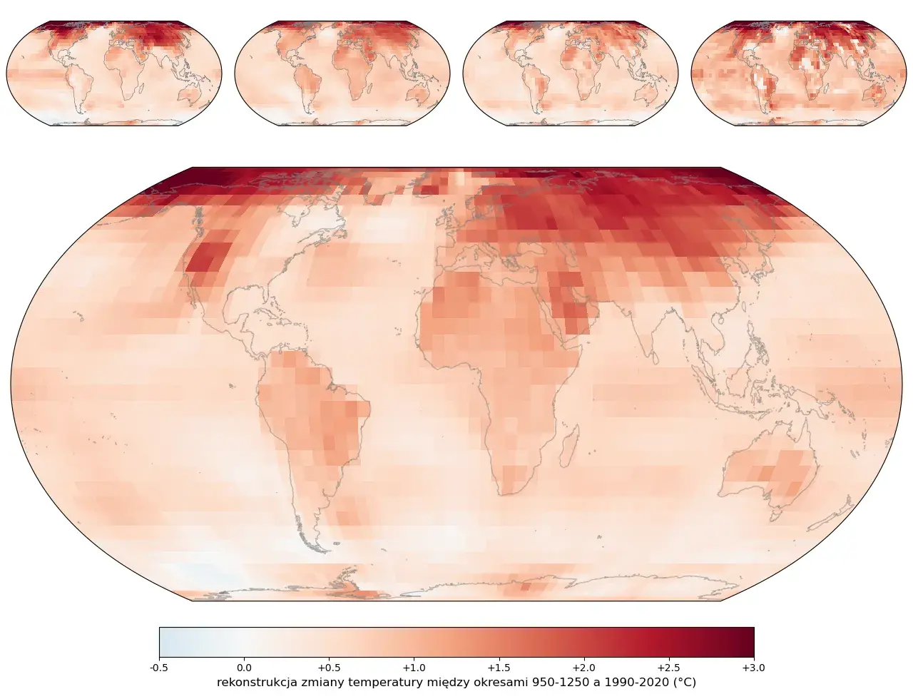 Mapy pokazują ocieplenie od średniowiecznego optimum klimatycznego do współczesności. Ciemniejsze kolory oznaczają większy wzrost temperatury.