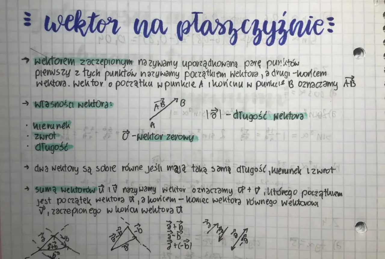 Notatki o wektorach na płaszczyźnie: definicja, własności (kierunek, zwrot, długość), wektor zerowy, równość wektorów i ich suma.