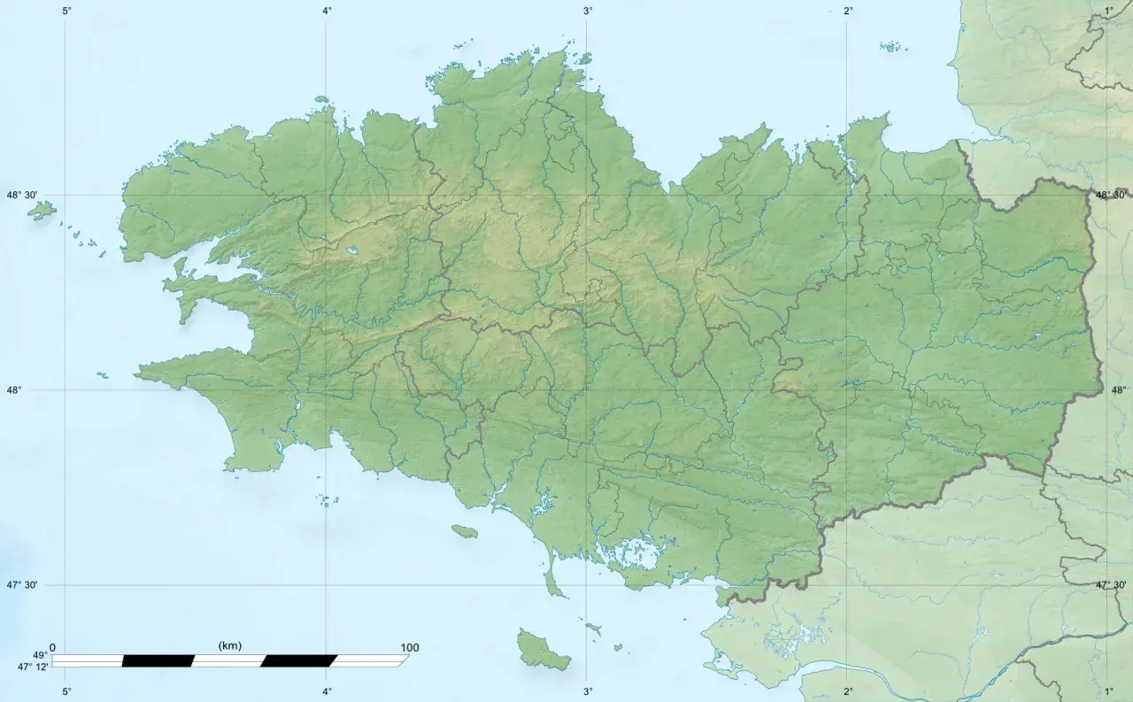 Mapa topograficzna pokazuje, gdzie jest półwysep bretoński, z zaznaczonymi rzekami i ukształtowaniem terenu.