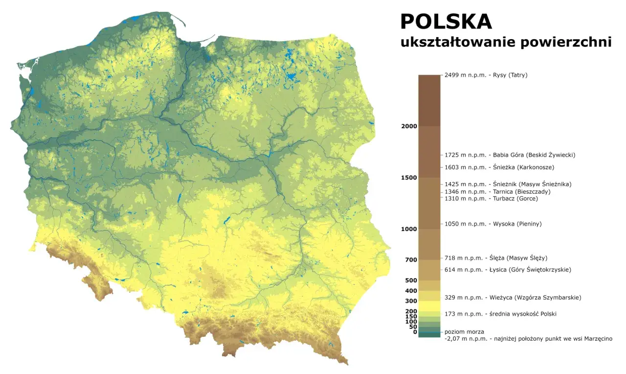 mapa fizyczna Polski rzeźba terenu