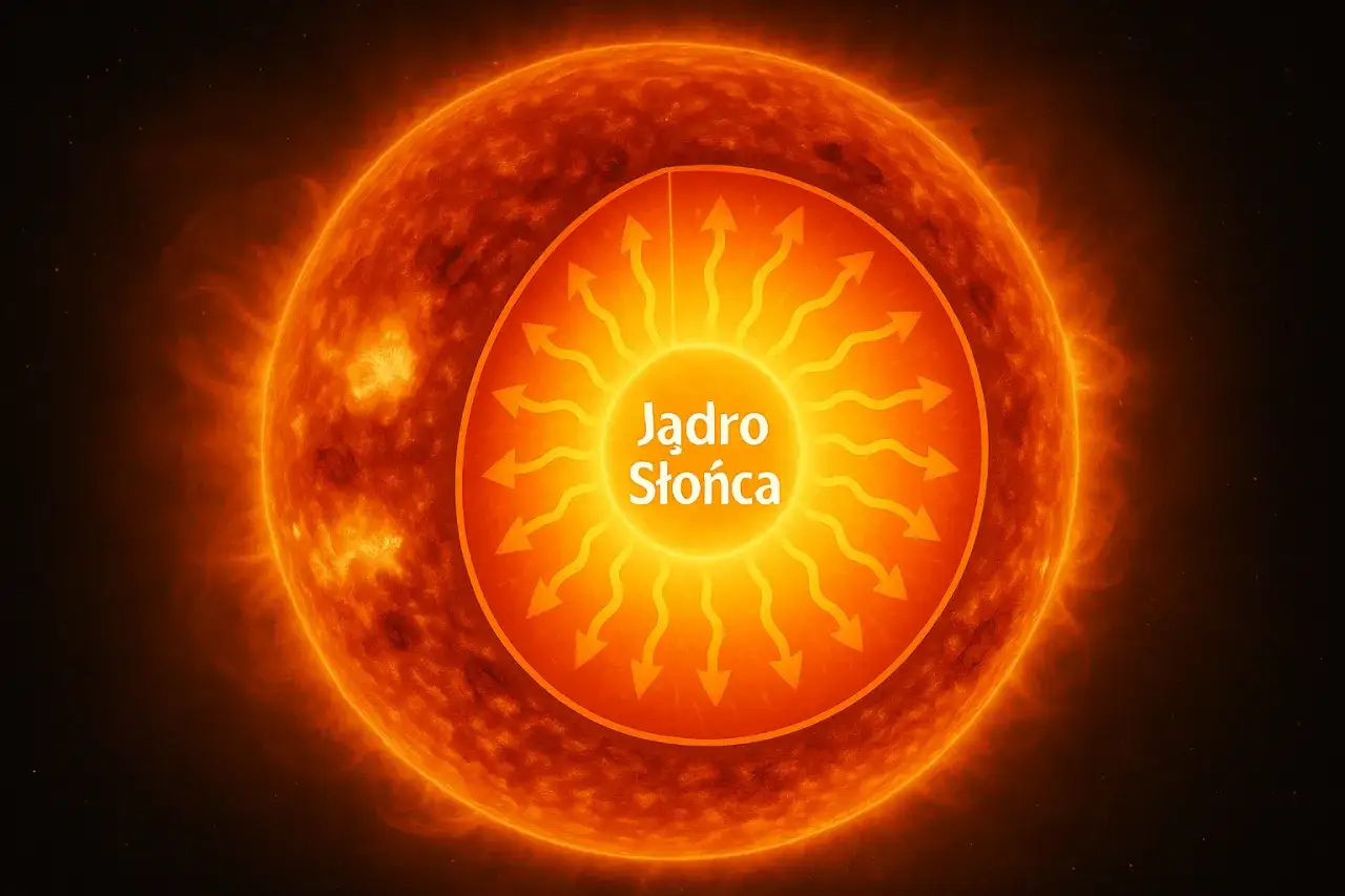 Przekrój Słońca pokazuje jego jądro, z którego energia promieniuje na zewnątrz. To właśnie tam zachodzą reakcje, które decydują, jaką temperaturę ma Słońce.
