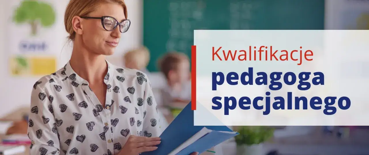 Nauczycielka w okularach z teczką, w tle klasa. Tekst: 