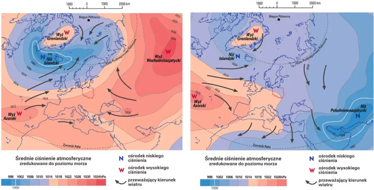 Dwie mapy Europy pokazują rozkład ciśnienia atmosferycznego. Im wyżej, tym ciśnienie wyższe, co widać na mapie po prawej, gdzie dominują wyże.