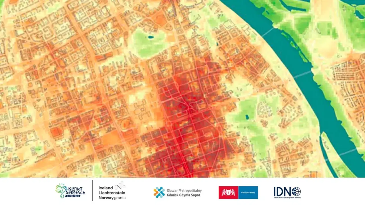 Mapa termiczna miasta pokazuje, gdzie występuje miejska wyspa ciepła. Czerwone obszary oznaczają wyższe temperatury.