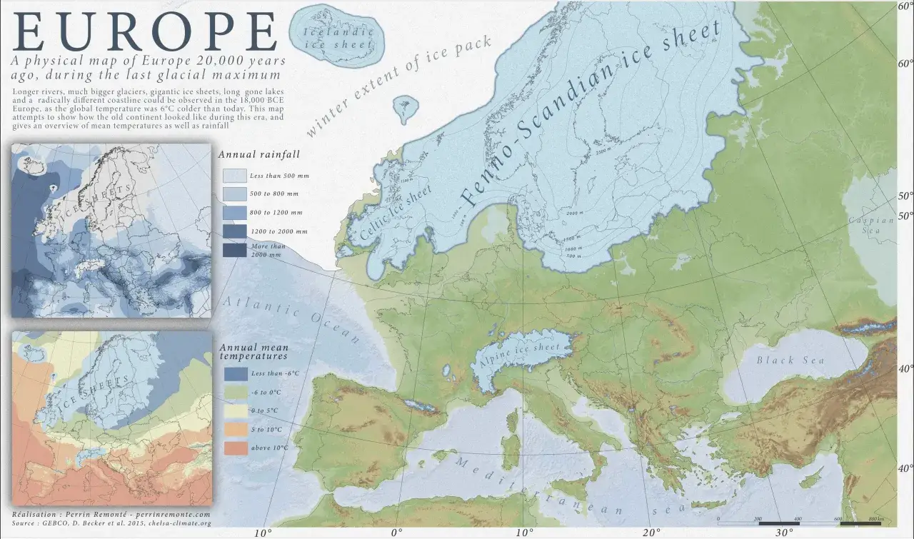 Mapa Europy 20 000 lat temu, ukazująca zasięg lodowców i średnie temperatury. Zlodowacenia na ziemi były wtedy znacznie większe.
