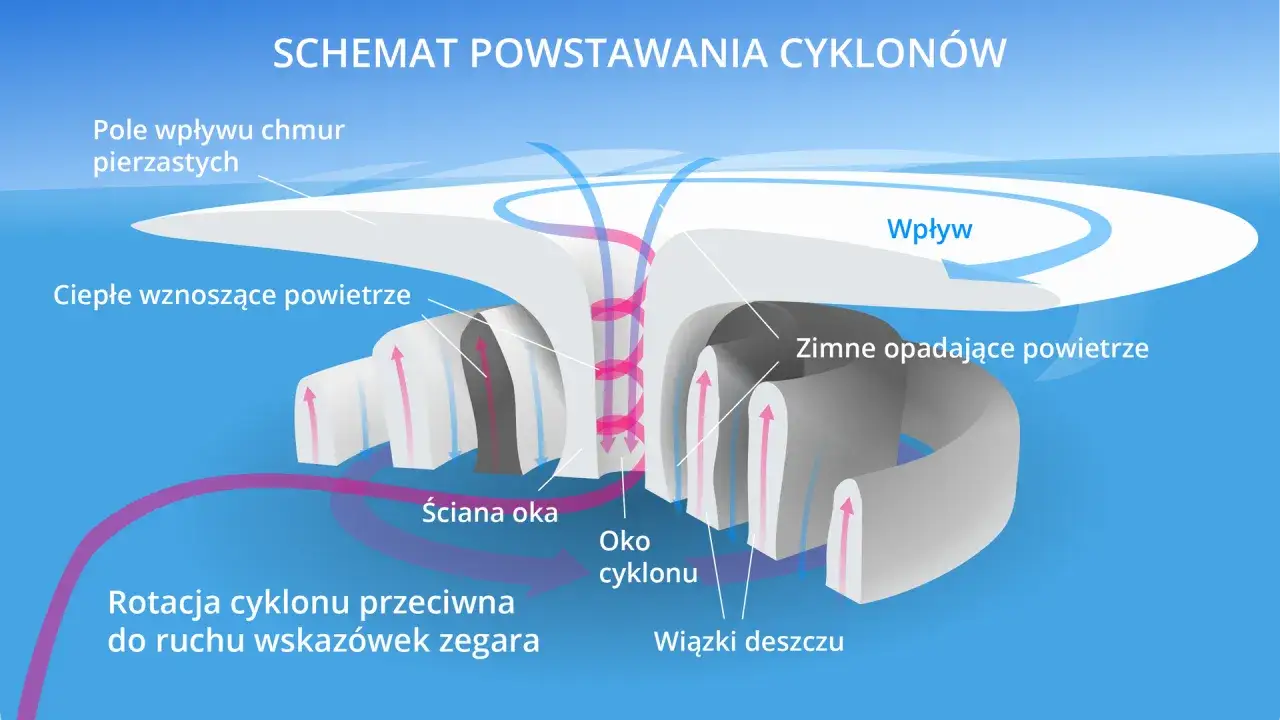 Schemat wyjaśnia, jak powstaje cyklon: ciepłe powietrze wznosi się, tworząc wir, a zimne opada. Widoczne oko cyklonu, ściana oka i wiązki deszczu.