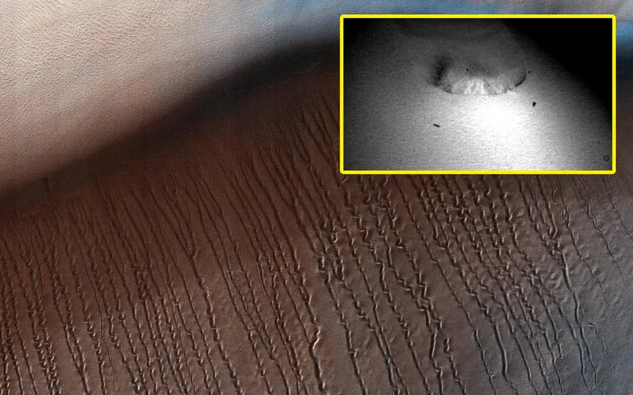 Krajobraz Marsa z wydmami i kraterem. Wstawka pokazuje szczegół, który może pomóc zrozumieć, jaka temperatura jest na Marsie.