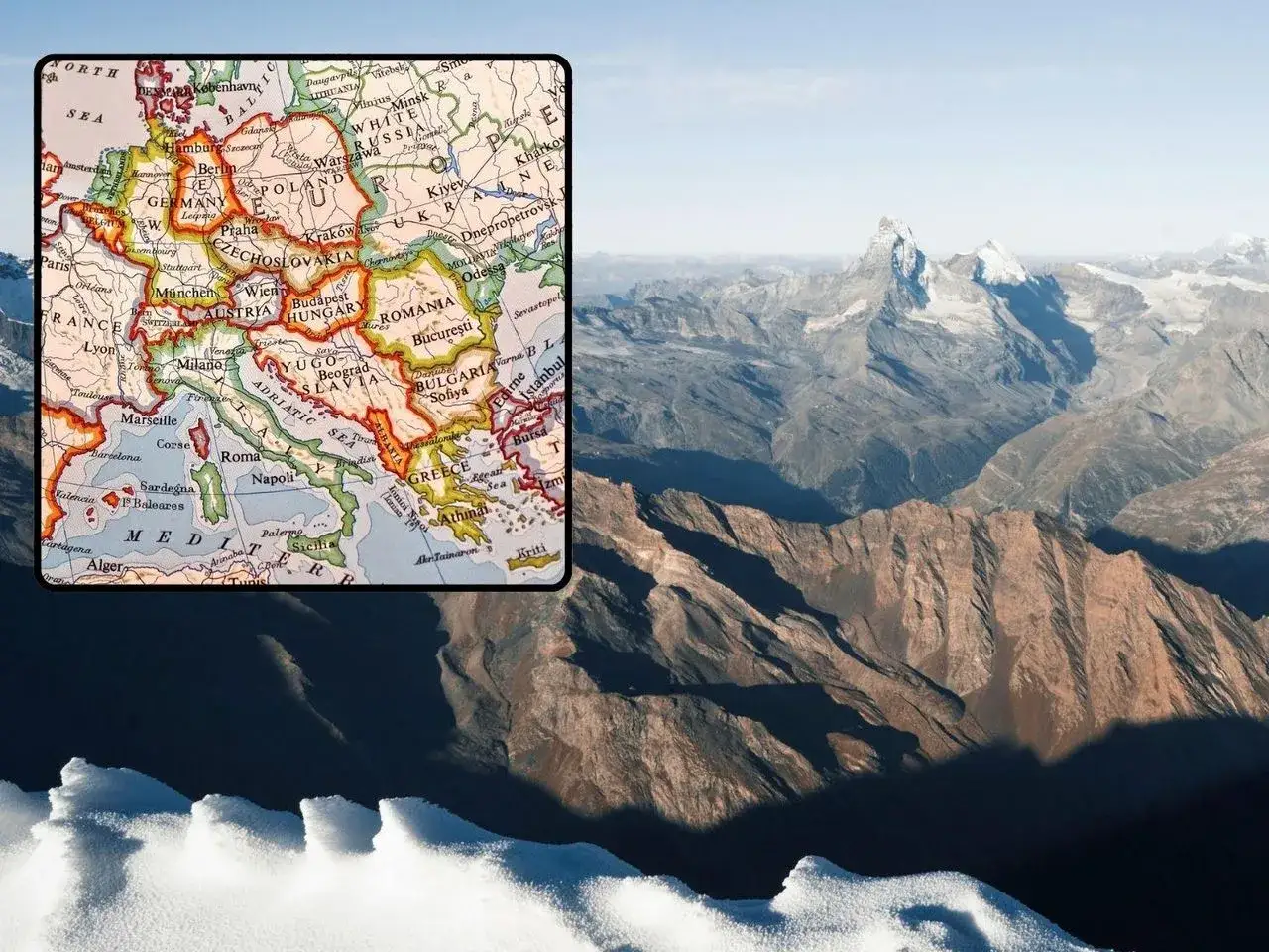 Mapa Europy z zaznaczonymi granicami państw i krajobraz górski z lodowcami.