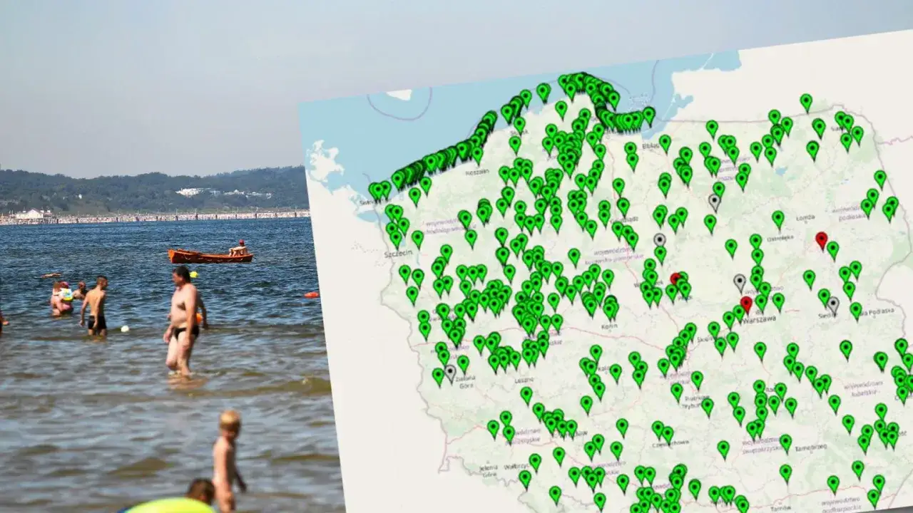Ludzie kąpią się w morzu, podczas gdy mapa Polski pokazuje miejsca z sinicami.