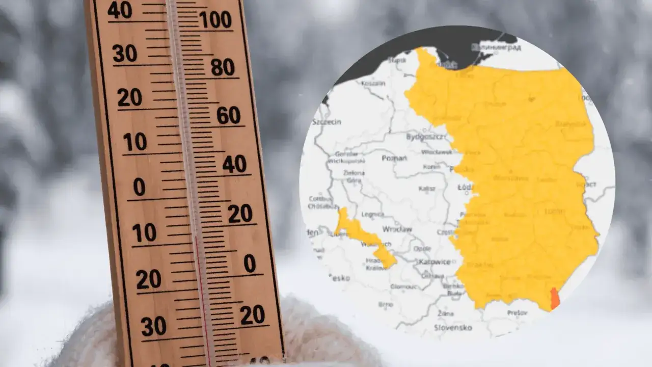 Termometr pokazuje niską temperaturę, a mapa Polski z zaznaczonymi obszarami ostrzeżeń pogodowych sugeruje, że historyczne dane pogodowe mogą być kluczowe dla prognoz.